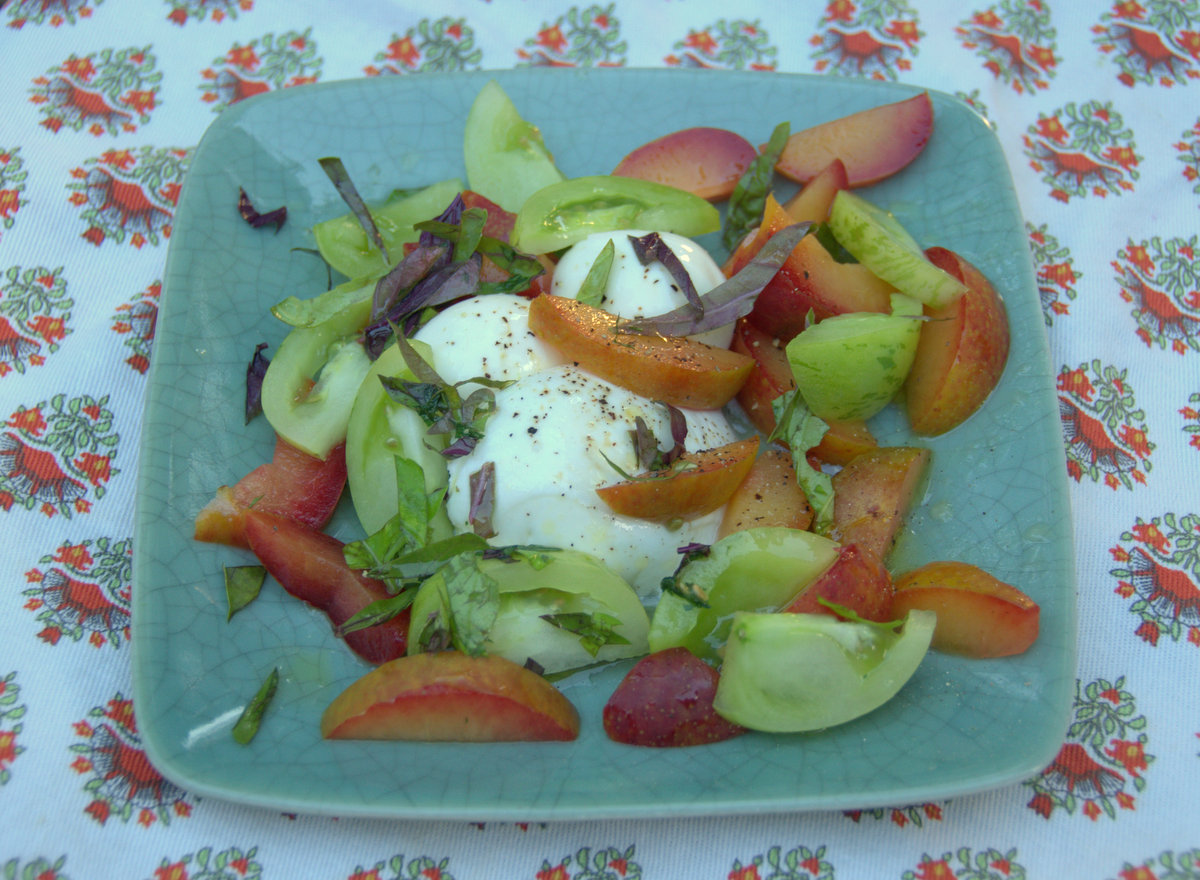 Pluot, Green Tomato and Mozzarella Salad