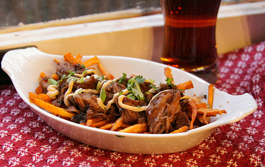 Sweet Potato Fries with Smokey Tea Pork and Shiitake Mayo