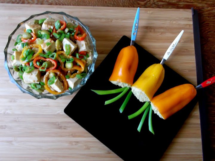 Baked Tofu, Pickled Edamame and Mini Peppers Appetizer 