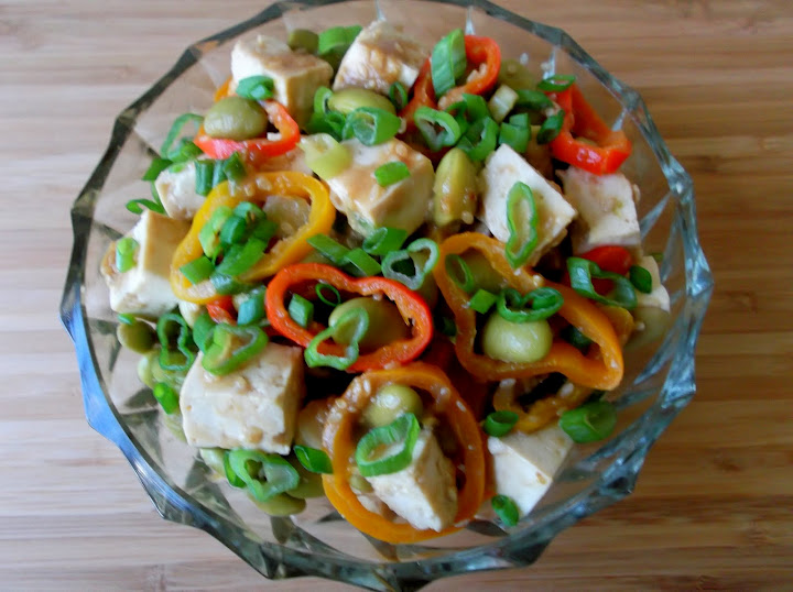Baked Tofu, Pickled Edamame and Mini Peppers Appetizer 