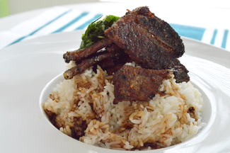 Korean BBQ ribs, white rice, dill and chives salad