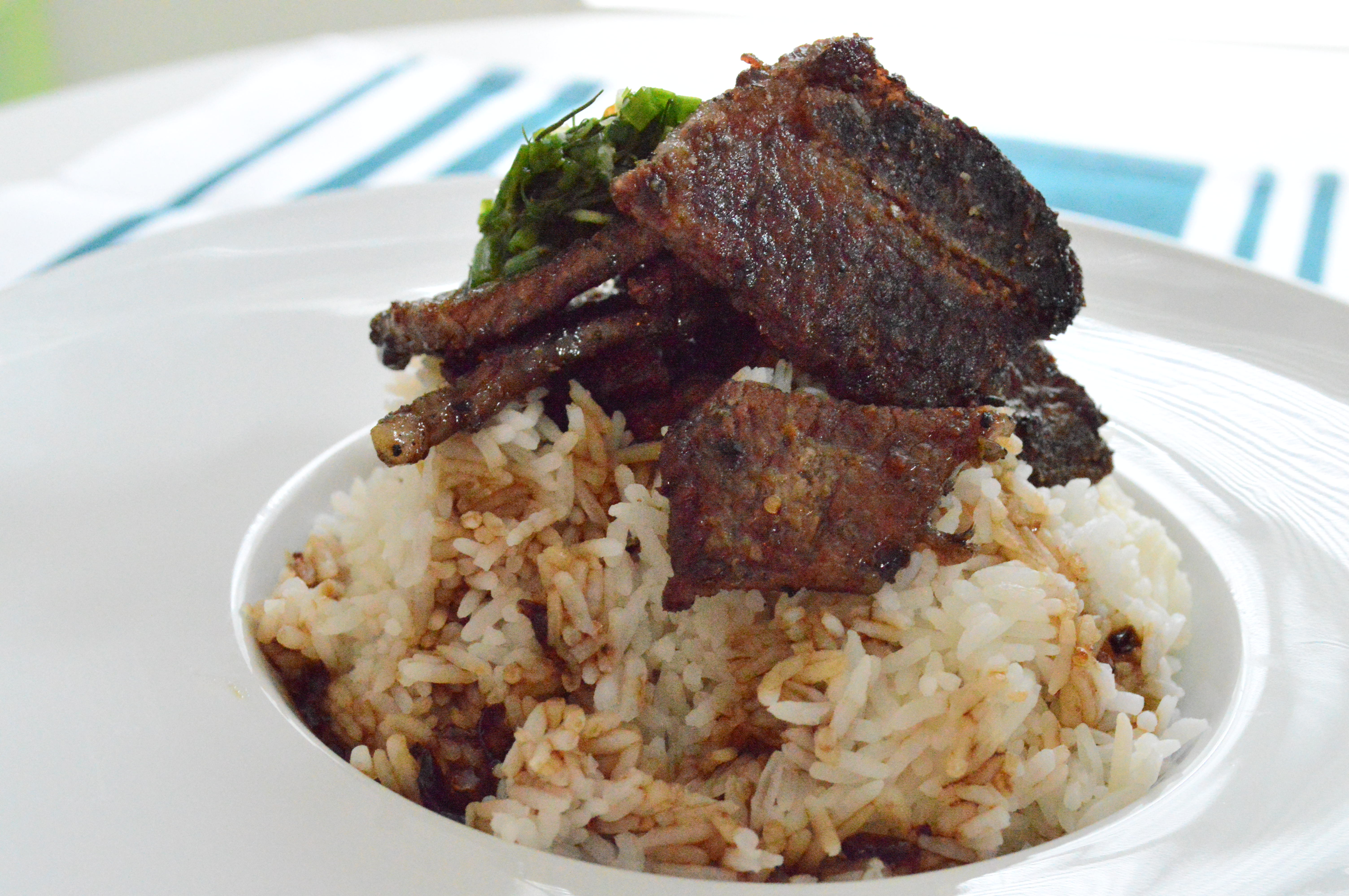 Korean BBQ ribs, white rice, dill and chives salad