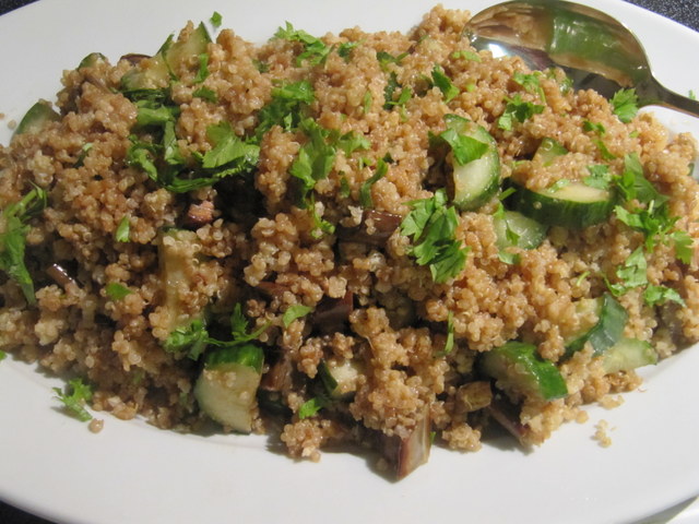 Miso Quinoa Pilaf with Grilled Cucumber, Eggplant and Soy Dressing