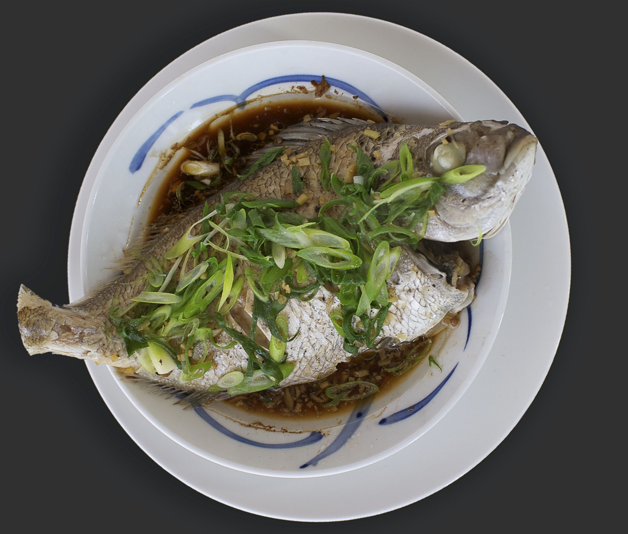 Steamed whole snapper with Soy, Ginger and Spring Onions