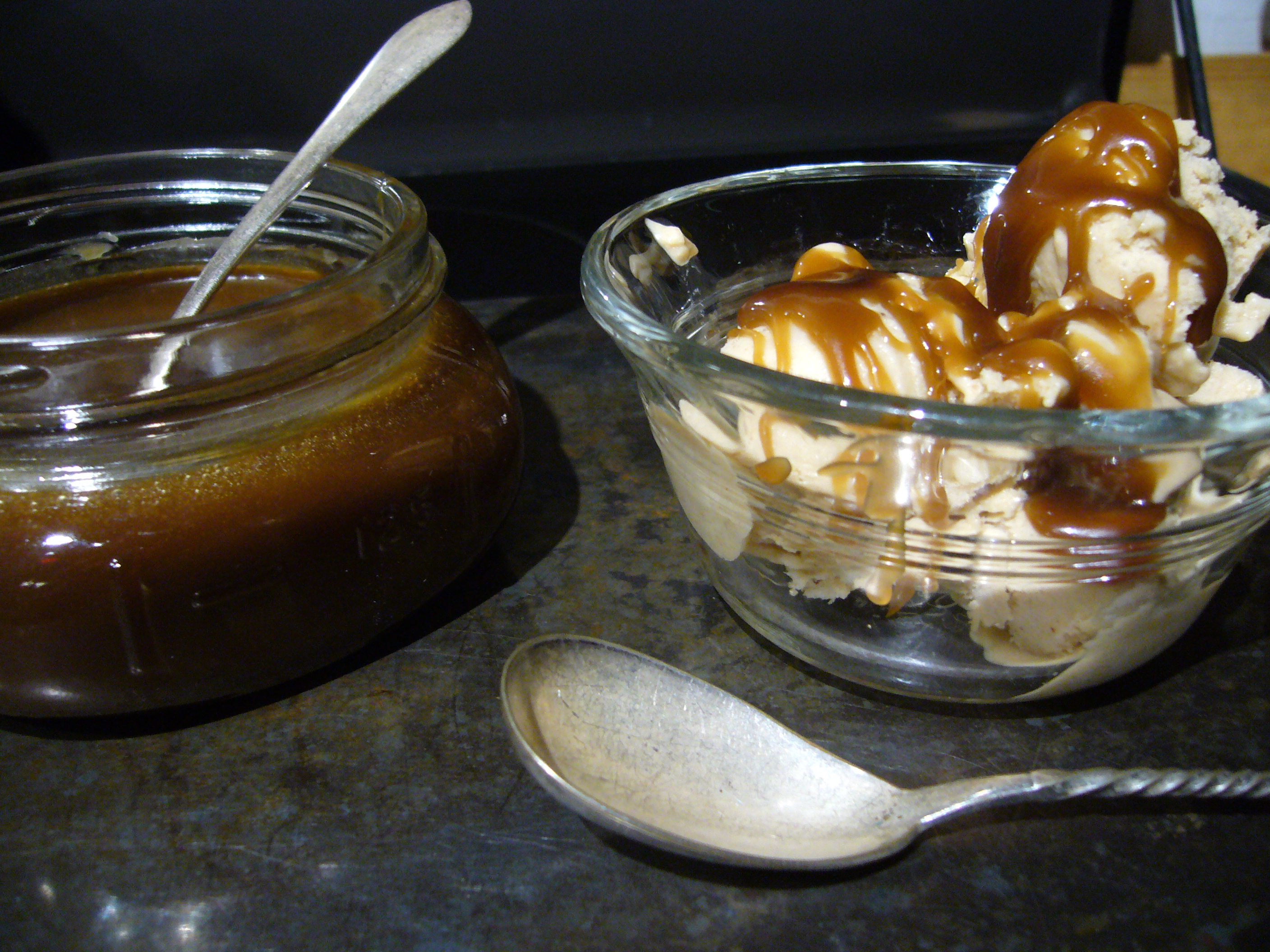 Banana-Peanut Butter Ice Cream with Salted Bourbon-Caramel Sauce