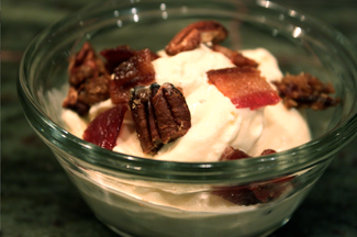 smoked cream ice cream + candied bacon + pecans