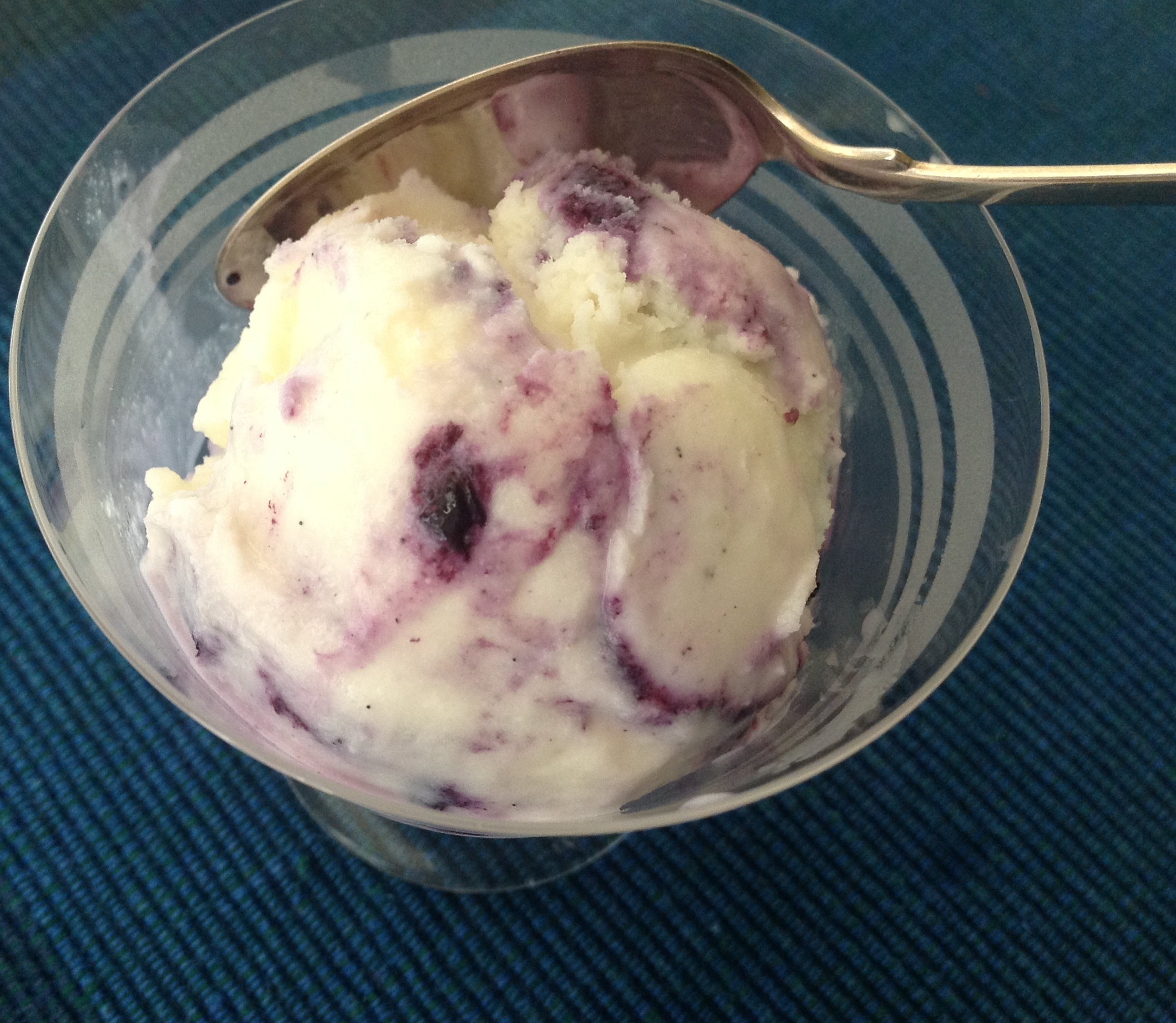 Vanilla and Bay Leaf-Scented Ice Cream with a Blueberry Swirl