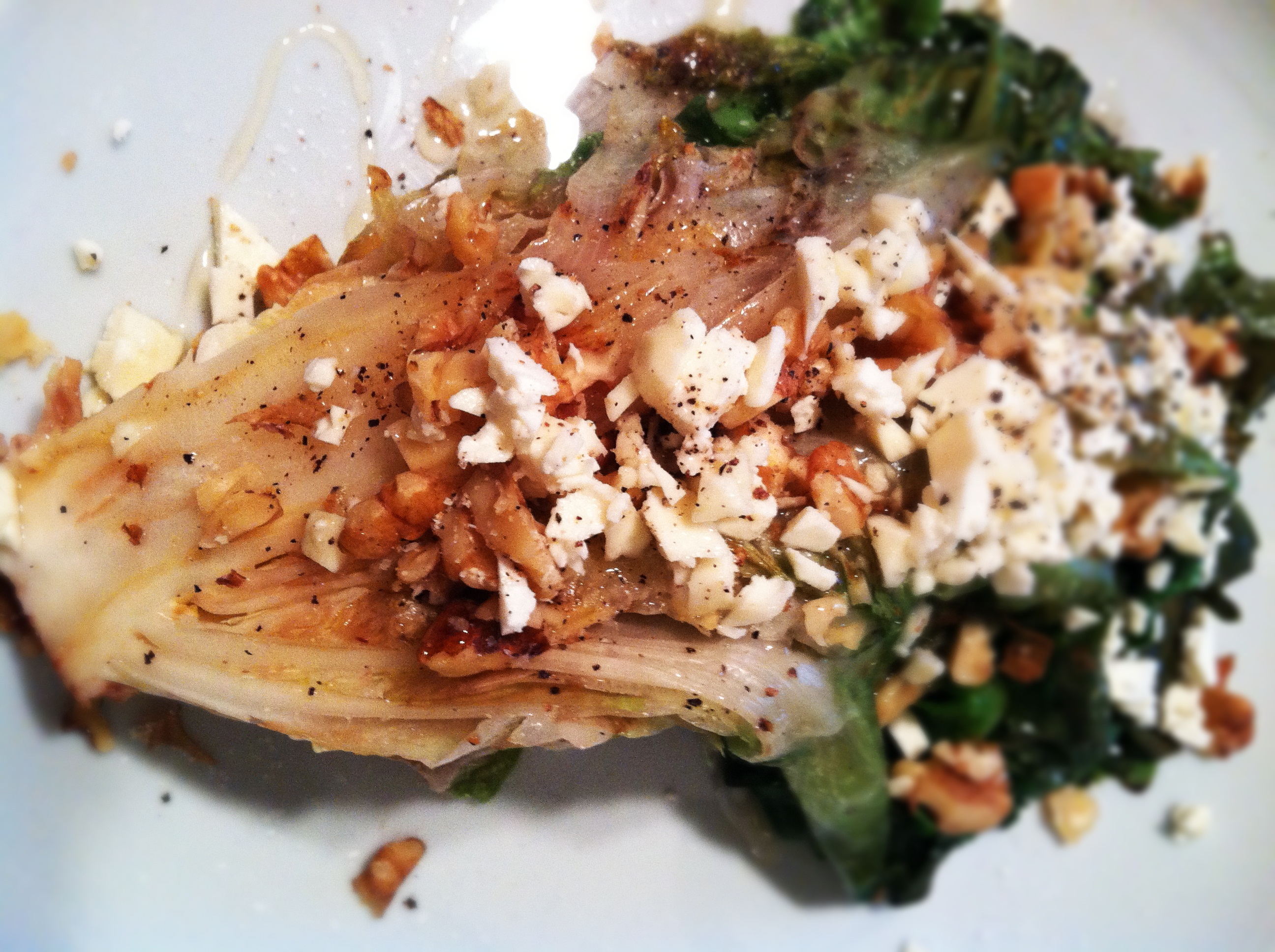 Wilted Escarole with Feta, Walnuts and Honey