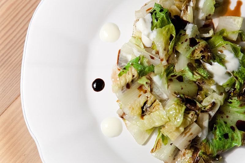 Grilled Romaine with Black and White Sauces