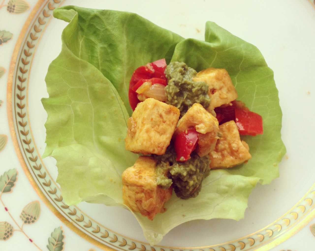 Lettuce Wraps with Curried Tofu and Basil Chutney