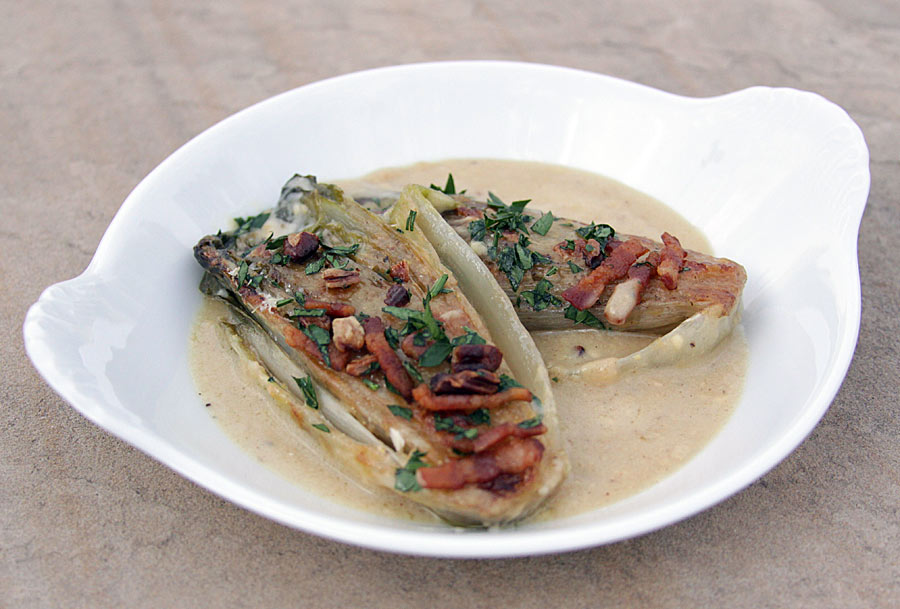 Cream Baked Endive with Bacon and Pecans recipe on