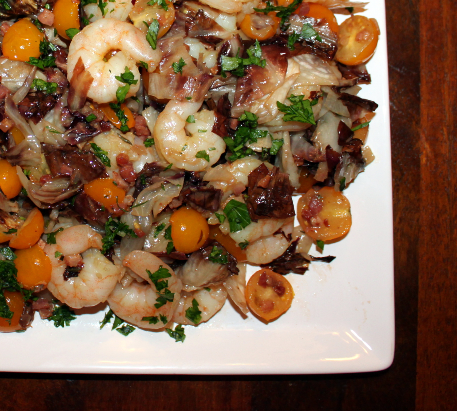Roasted Radicchio and Shrimp with Warm Bacon Vinaigrette