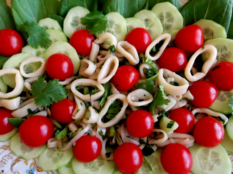 Braised Calamari, Stir-Fried Bok Choy Salad with Cucumber and Cherry Tomatoes