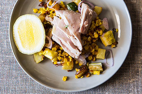 Poached Tuna with Warm Squash, Corn, and Potato Salad
