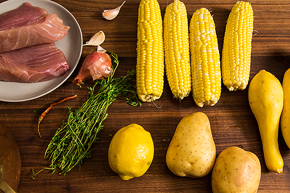 Poached Tuna with Warm Squash, Corn, and Potato Salad