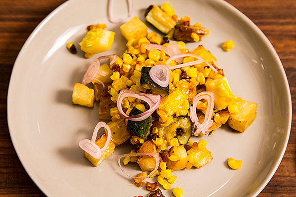 Poached Tuna with Warm Squash, Corn, and Potato Salad