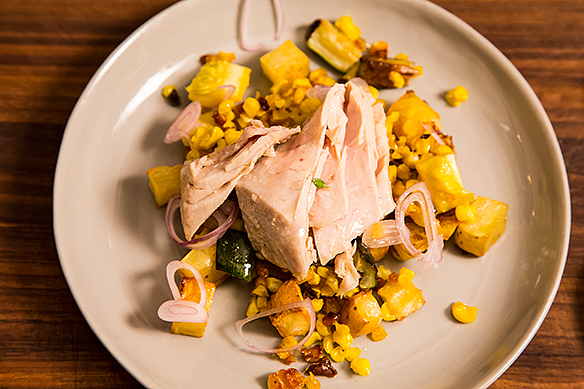 Poached Tuna with Warm Squash, Corn, and Potato Salad