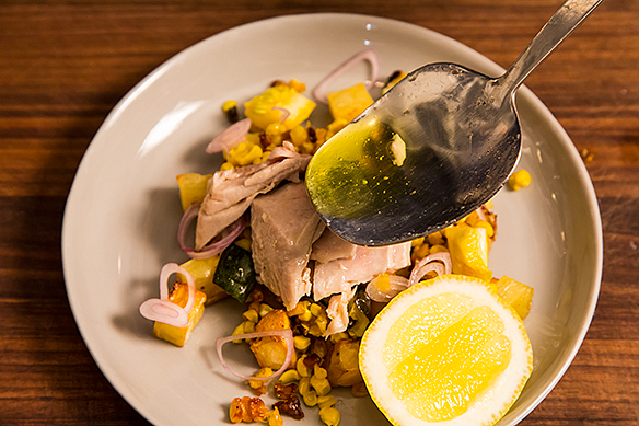 Poached Tuna with Warm Squash, Corn, and Potato Salad