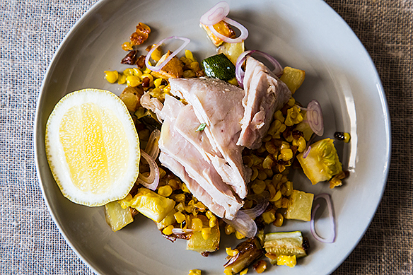 Poached Tuna with Warm Squash, Corn, and Potato Salad