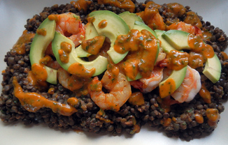 Shrimp with French Lentils and Roasted Tomato Vinaigrette
