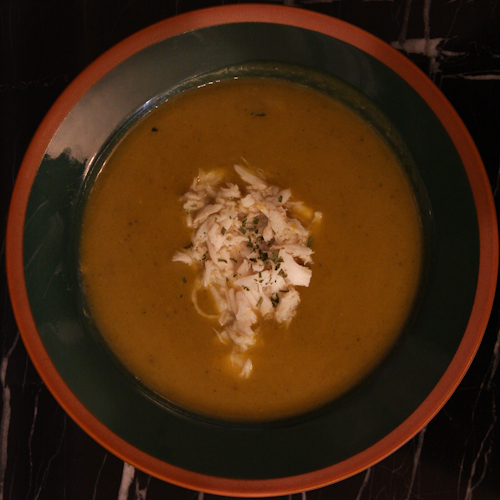 Cream of butternut squash soup with crab