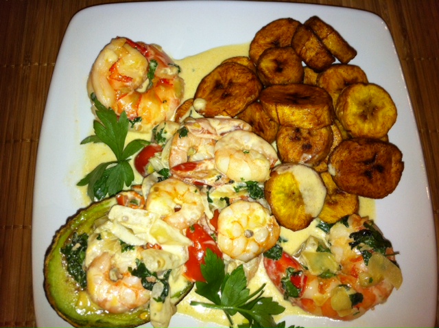 DVs creamy avocado prawns & plantain delight