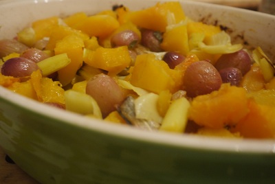 Roasted Butternut Squash with Leeks, Sage and Grapes