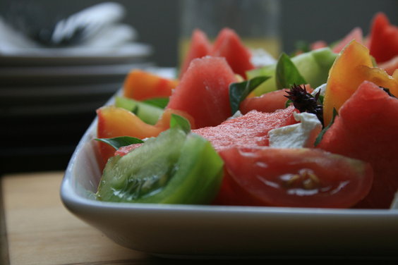 Watermelon, tomato & goats cheese salad with lemon truffle vinaigrette