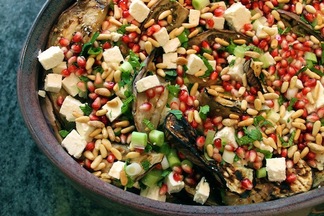 Grilled Eggplant with Pomegranate Seeds, Mint, and Feta