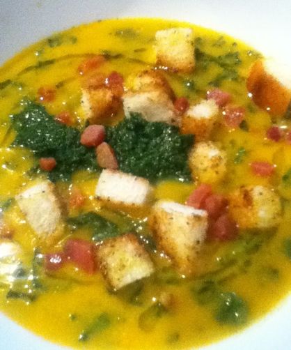 Saffron Kale Soup with Parsley Fennel Pistou, Crispy Pancetta and Croutons