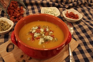 Gingered Pumpkin Soup with Crunchy Creamy Toppings