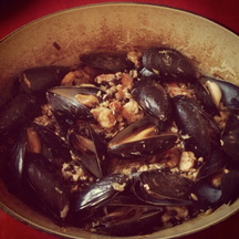 Seafood almost risotto with barley
