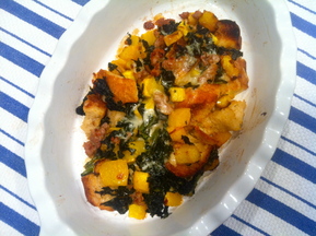 Eggless Strata with Butternut, Sausage, Kale and Fontina