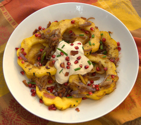 Roasted Delicata with Bacon-Shallots and Pomegranate