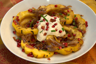 Roasted Delicata with Bacon-Shallots and Pomegranate