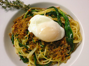 Spaghetti with Ramps, Breadcrumbs, & Poached Egg