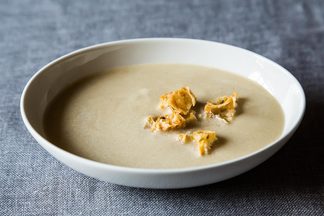 Roasted Garlic Soup with Olive Croutons