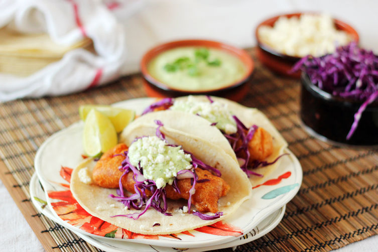 Beer Battered Fish Tacos with Cilantro Crema