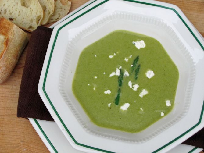 Creamy Asparagus Soup with Roasted Garlic & Chive Chevre