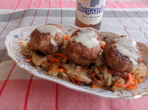 Beer Braised Meatballs and Easy Sauerkraut  Served with Mustard Sauce