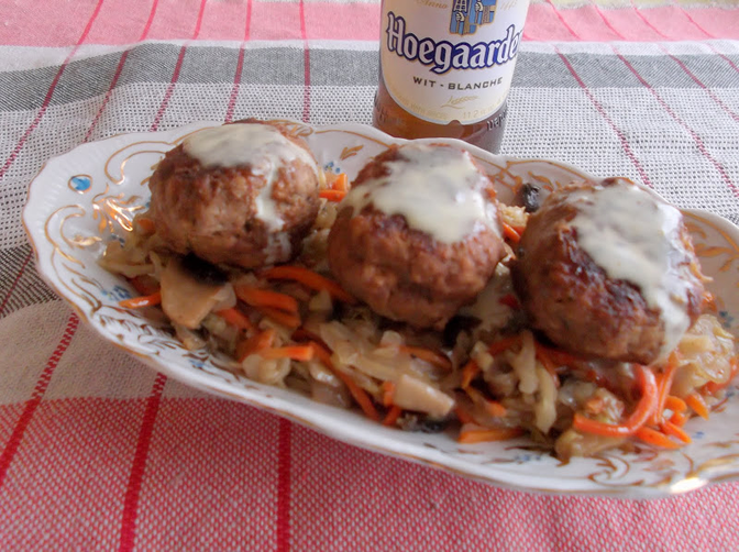 Beer Braised Meatballs and Easy Sauerkraut  Served with Mustard Sauce