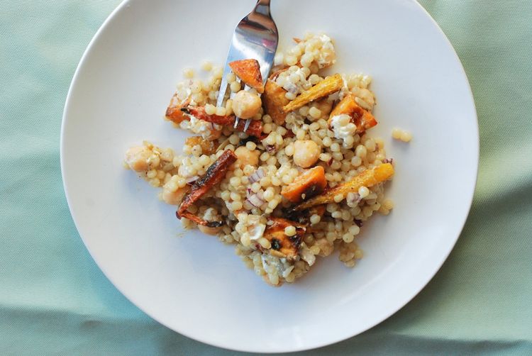 Pearl Couscous with Roasty Roots, Chickpeas, and Pepitas