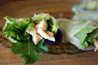 Spring Rolls with Shredded Chicken & a Spicy Ginger Avocado Spread. 