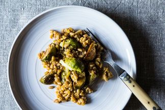 Farro with Leeks and Balsamic Roasted Brussels Sprouts