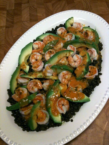 Shrimp with French Lentils and Roasted Tomato Vinaigrette