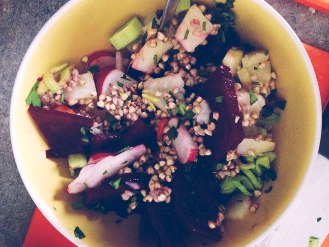 Warm winter salad with root veggies and buckwheat, dressed with greek yogurt