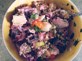 Warm winter salad with root veggies and buckwheat, dressed with greek yogurt