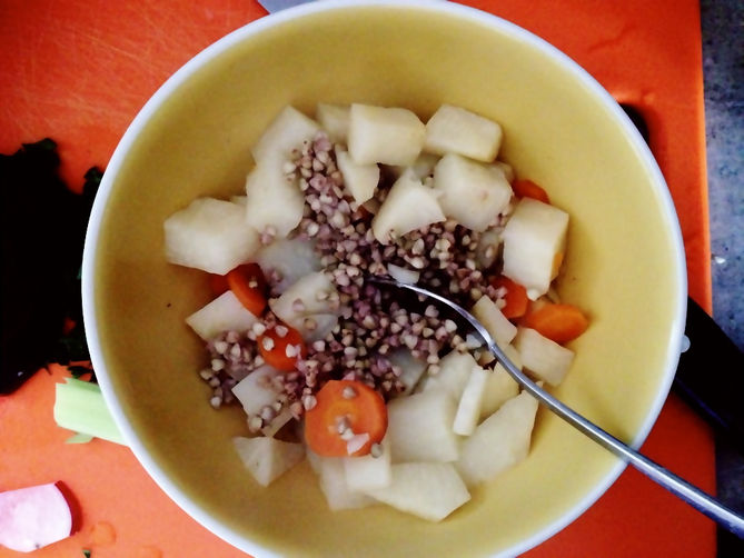 Warm winter salad with root veggies and buckwheat, dressed with greek yogurt