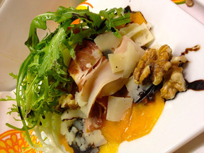 Persimmon Carpaccio with Prosciutto, Manchego, and Pear Balsamic Drizzle 