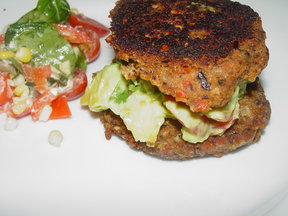 Black Bean Burger Buns stuffed with Avocado Mango Salsa